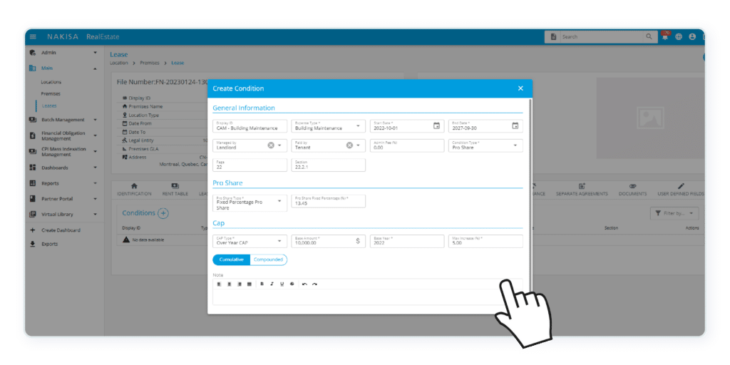 Condition Menu in NRE - Commercial Real Estate Software