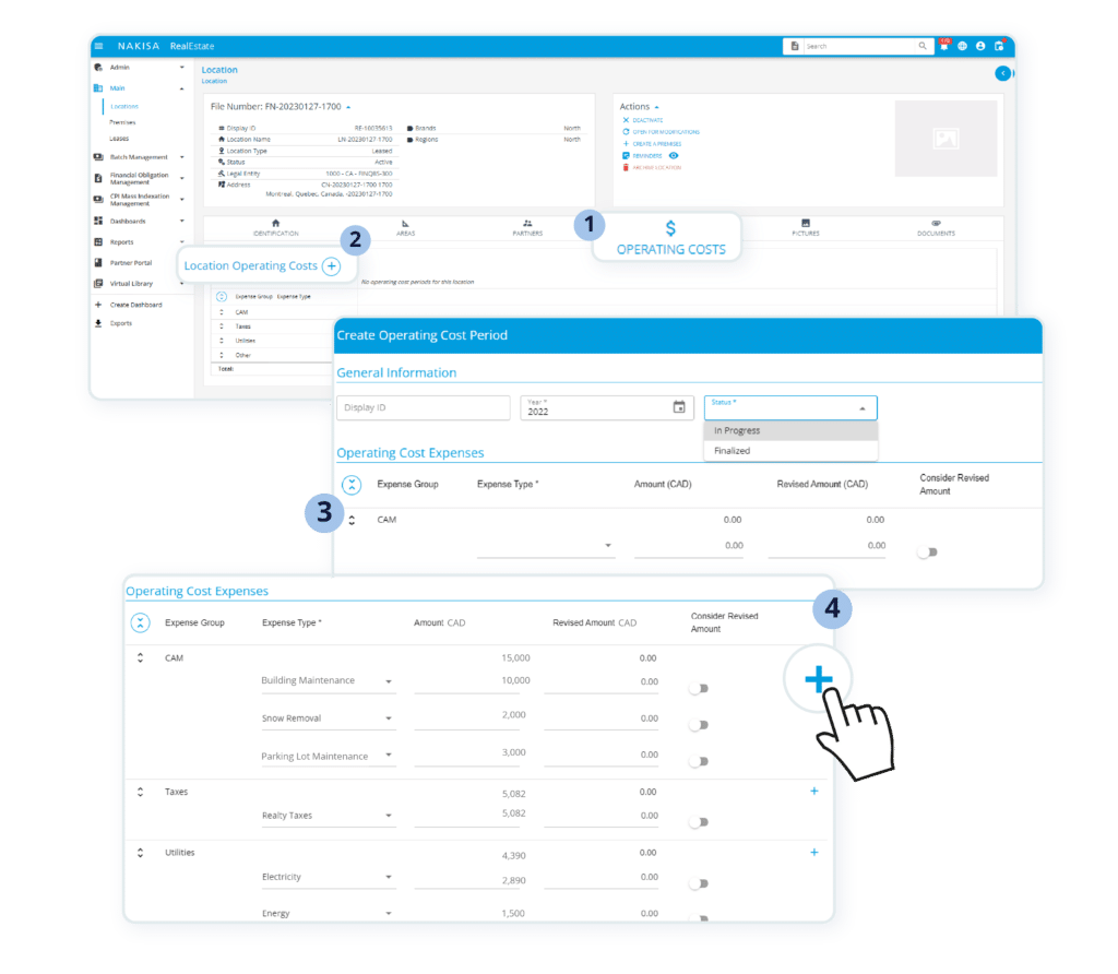 The operating costs menu in Nakisa Real Estate (NRE) Software