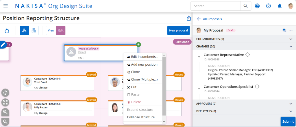 Create, compare, and collaborate on many scenarios in Nakisa organizational design software 