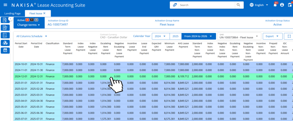 All-Column Schedule on Nakisa Lease Accounting Software 