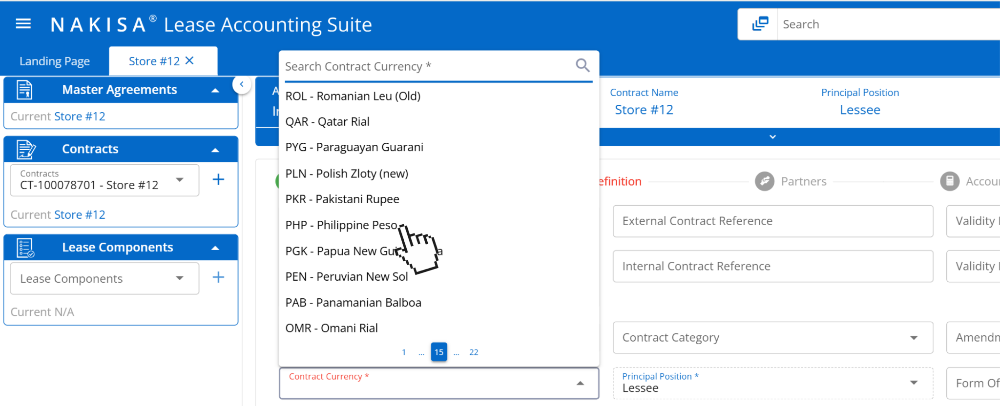 Contract currency on Nakisa Lease Accounting software.