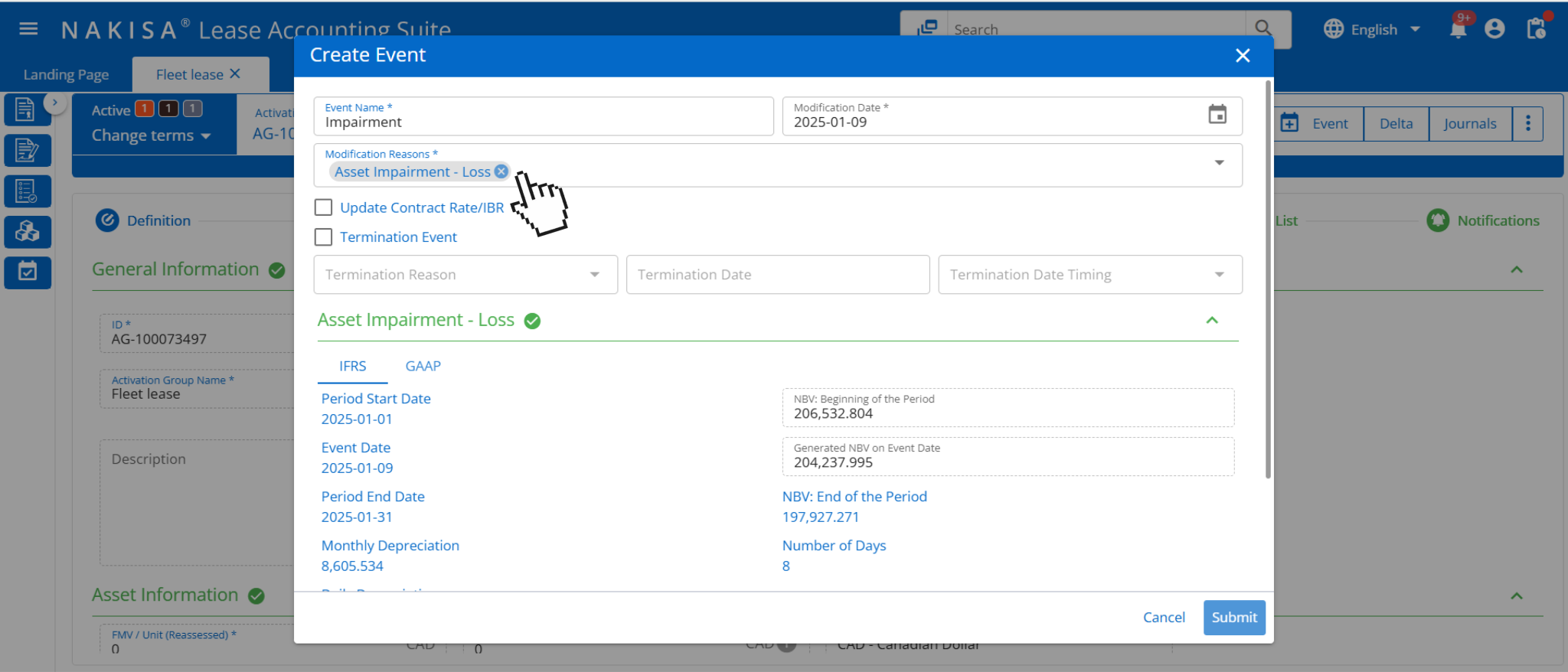 Event management on Nakisa Lease Accounting software