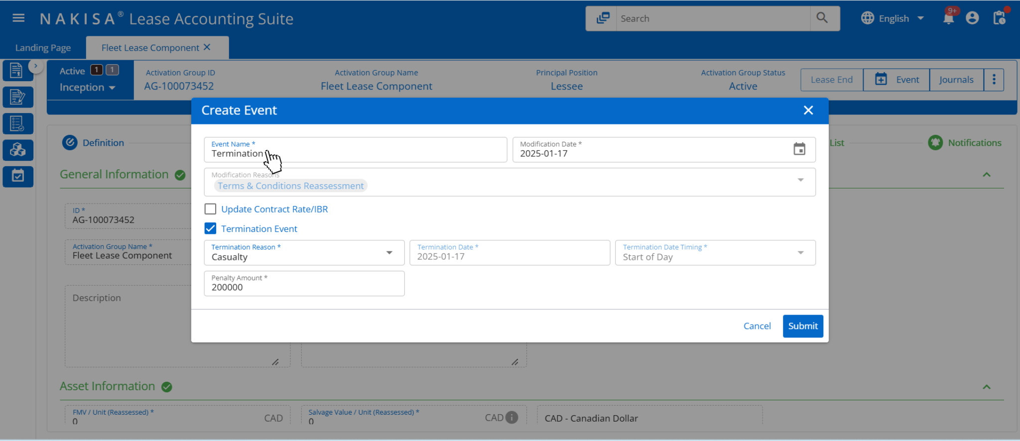 Termination event management on Nakisa Lease Accounting software