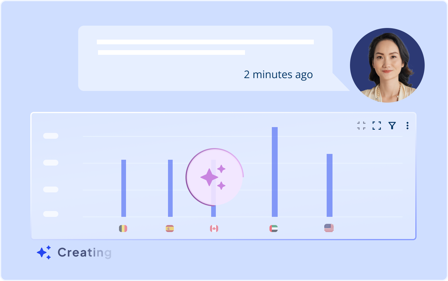 A small section of the Nakisa AI Agent interface. A partially obscured chat bubble shows a previous user input. Below it, a bar chart is being rendered, indicated by a sparkling animation in the center of the chart and the word "Creating" at the bottom left.