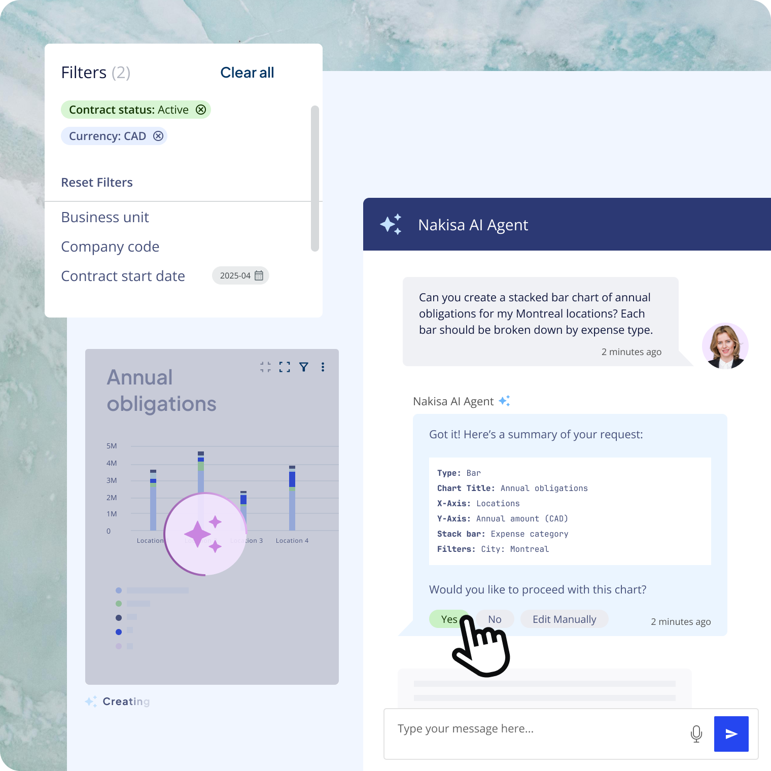 A Nakisa AI Agent chat interface showing a user requesting an Annual Obligations bar chart.
