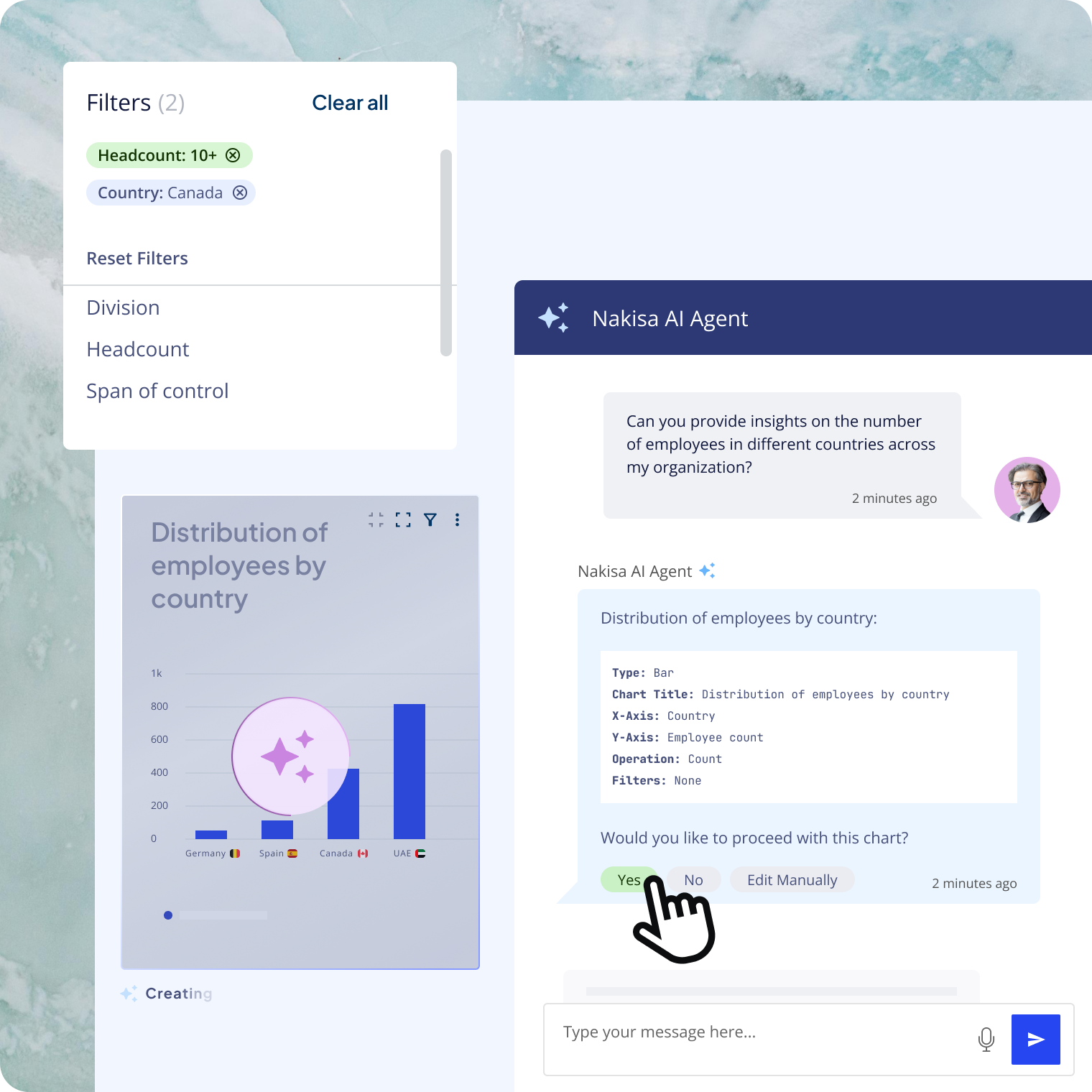 A Nakisa AI Agent chat interface shows a user asking for insights on employee distribution across countries.