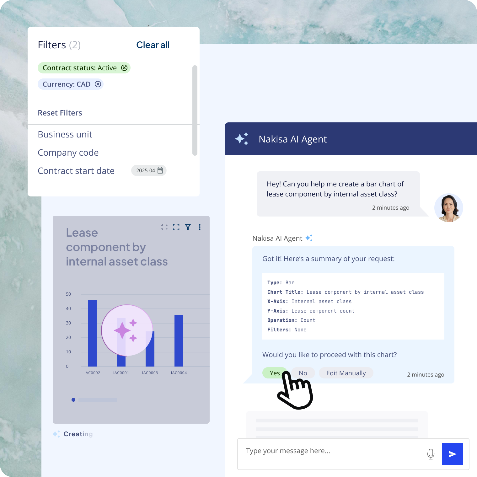 A Nakisa AI Agent chat interface shows a user asking to create a "lease component by internal asset class" bar chart.