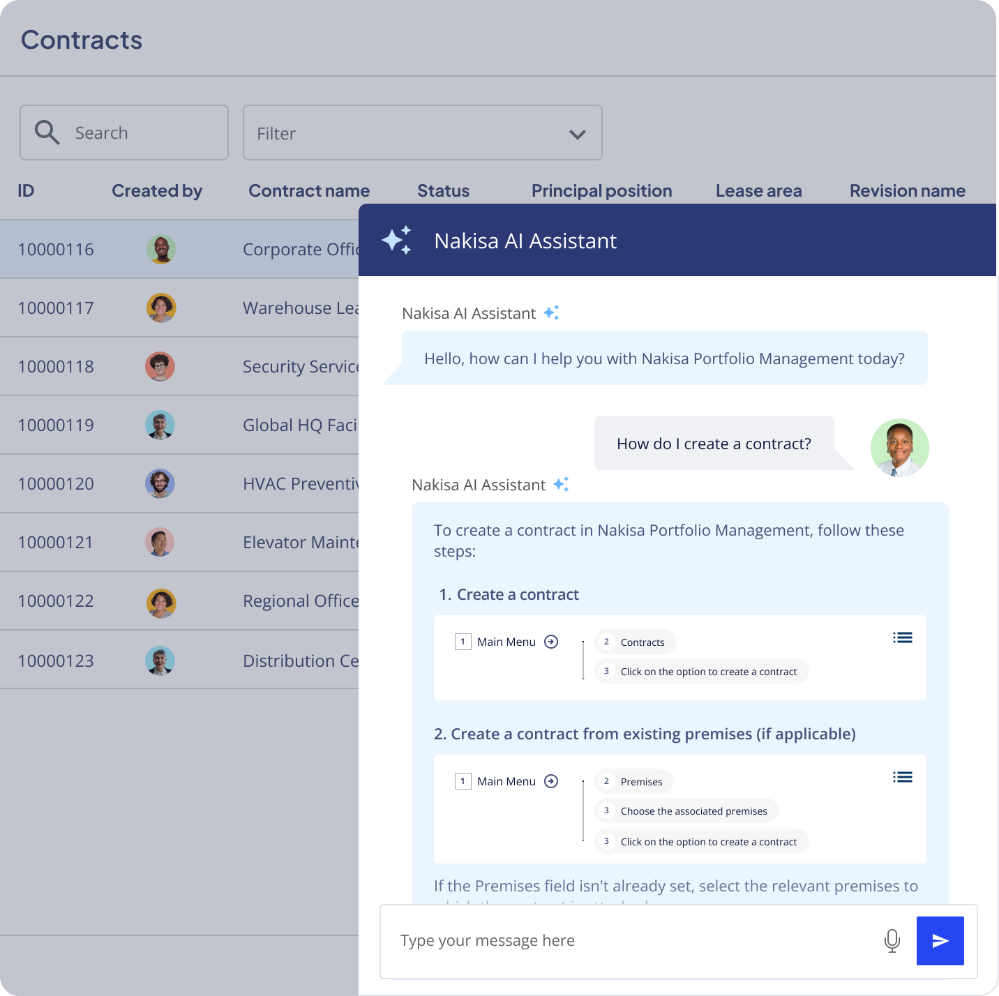 Nakisa AI Assistant chatbot providing steps to create a contract within the Nakisa Portfolio Management.