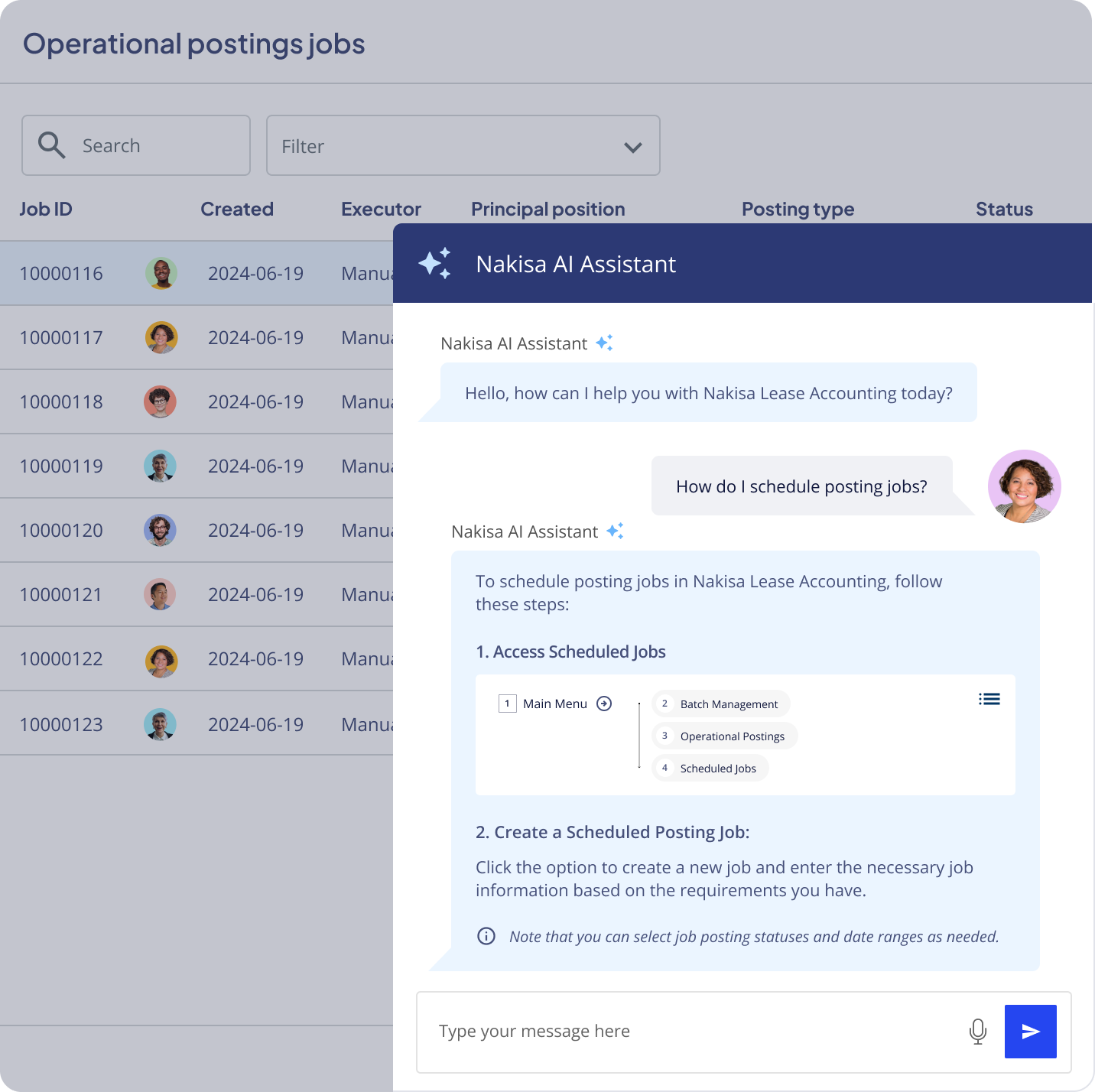 Nakisa AI Assistant explaining how to schedule posting jobs within Nakisa Lease Accounting.