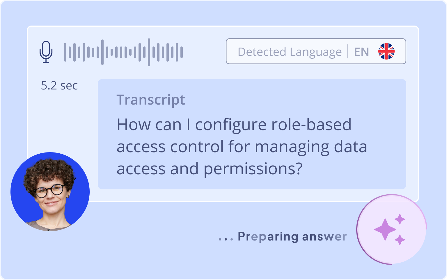 A Nakisa AI Assistant interface showing a voice input being transcribed. The transcript reads: "How can I configure role-based access control for managing data access and permissions?". A microphone icon and a waveform indicate active listening.