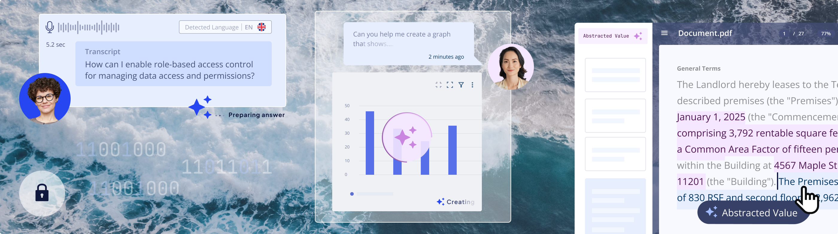 A composite image showing three Nakisa AI features: voice-to-text query, an AI creating a bar chart, and AI document analysis highlighting "Abstracted Value" in a lease.