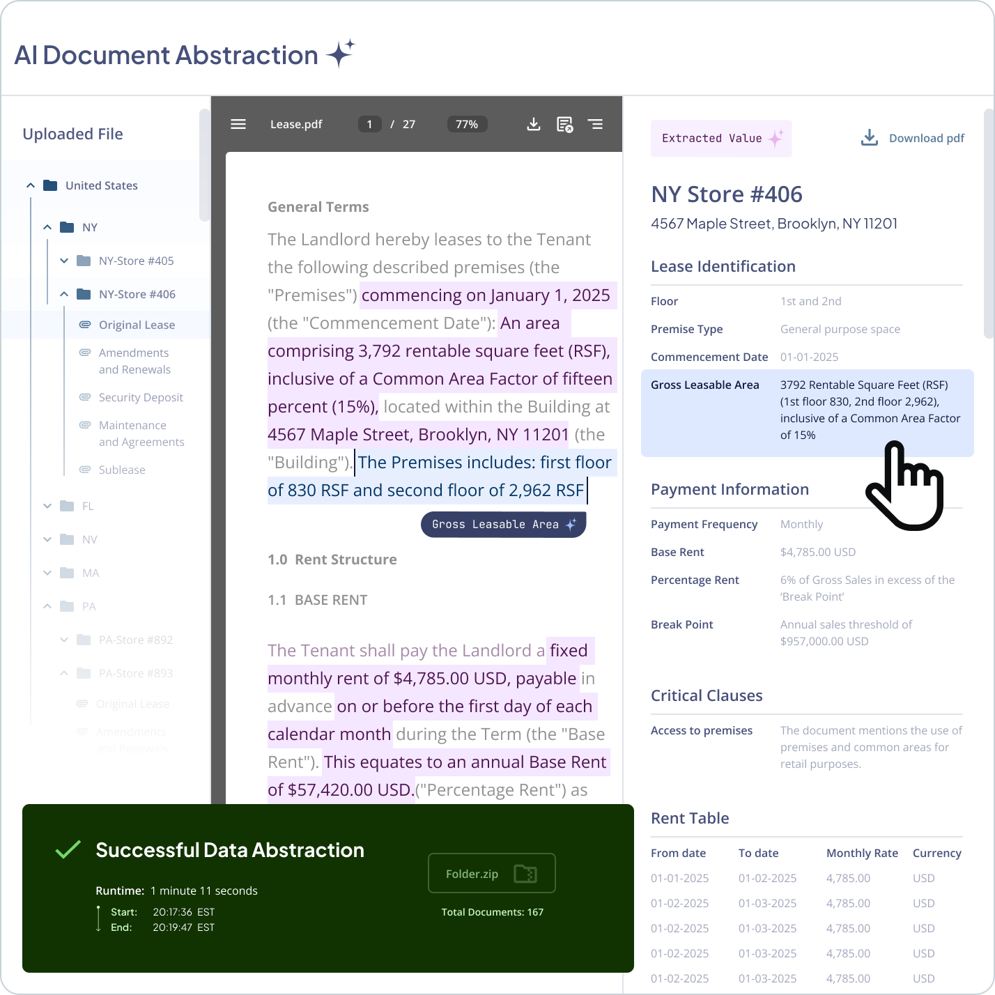 Interface displaying an AI document abstraction process with a PDF on the left and extracted data on the right.
