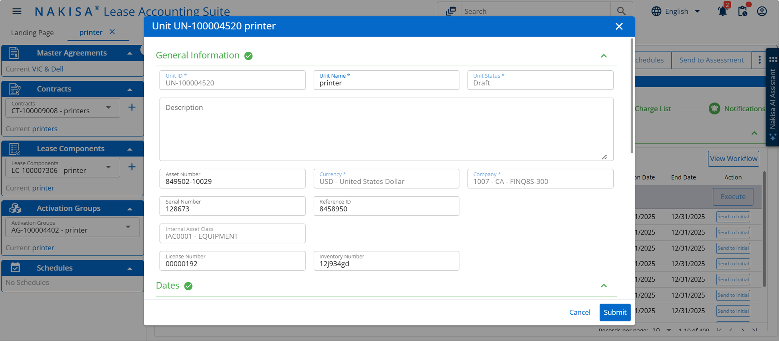 A "Create" pop-up in Nakisa Financial Organization Structure for "Accounting Standard Determination." It shows fields for ID, status, company, and up to four accounting standards with start dates.