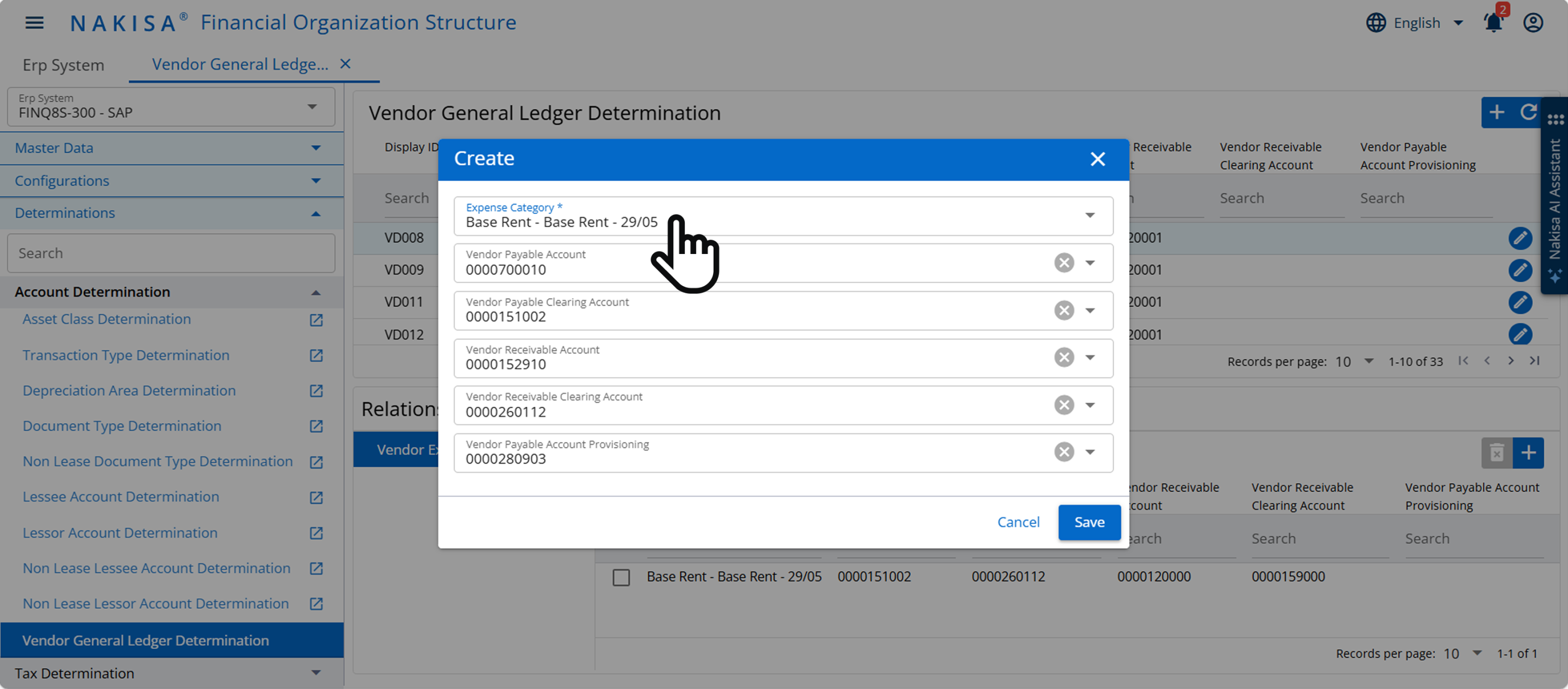 A "Create Incremental Borrowing Rate" pop-up window open within the Nakisa Financial Organization Structure module. It displays fields for entering borrowing rate details, including ID, status, name, validity dates, lease lengths, asset class, currency, and rate.
