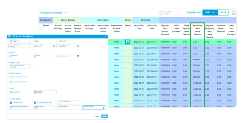 Escalating rent functionality for commercial real estate management