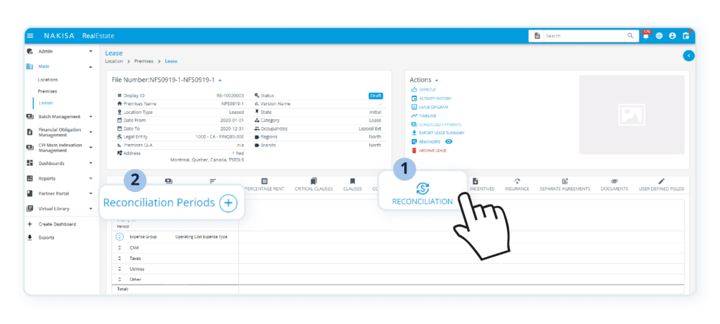 The lease menu - CAM reconciliation in CRE software