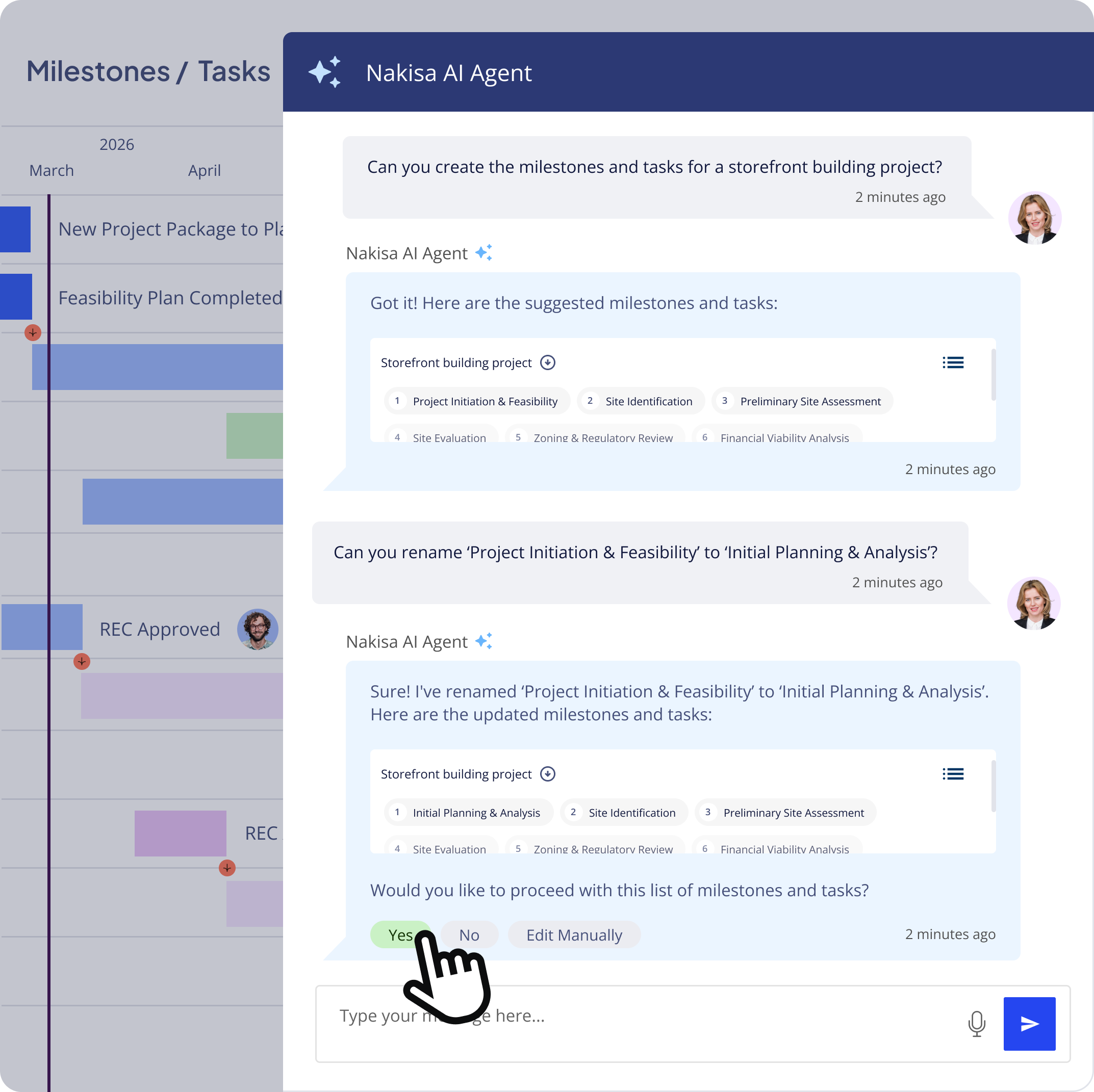 An AI agent is helping a user create and rename milestones and tasks for a "storefront building project" within a project management interface, showing suggested and updated lists of tasks.