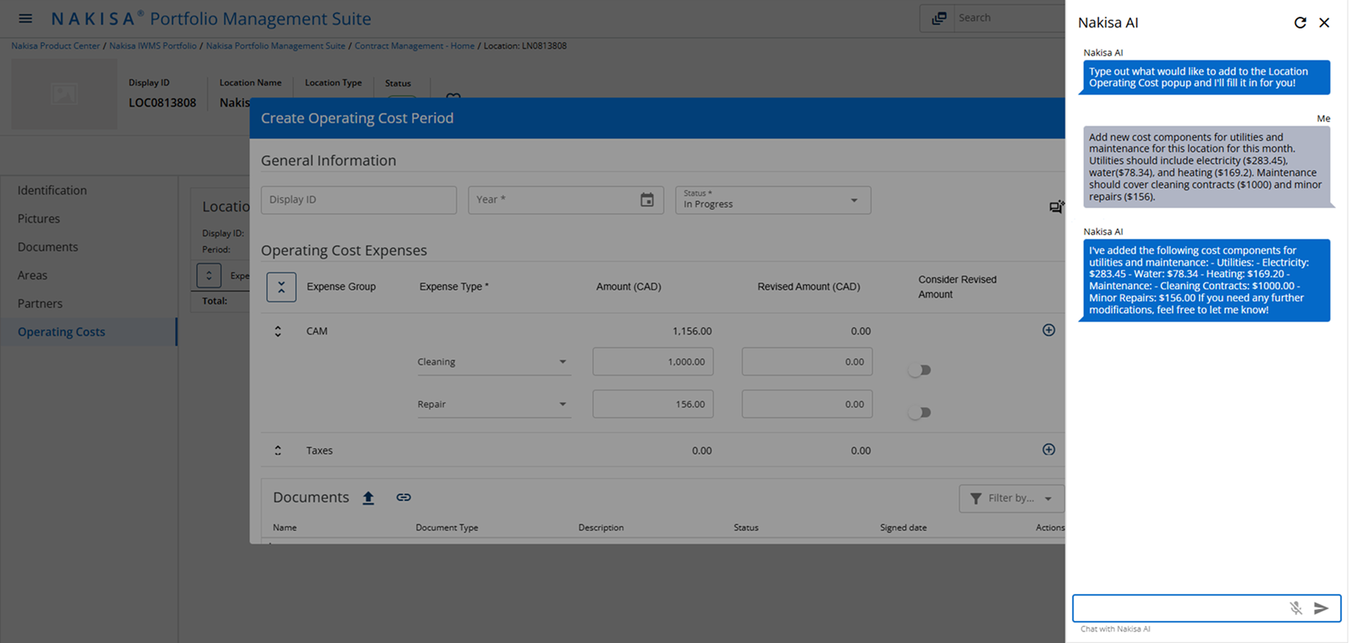 AI Agent in Nakisa IWMS that automates location operating cost creation, updates, and analysis via natural language prompts.