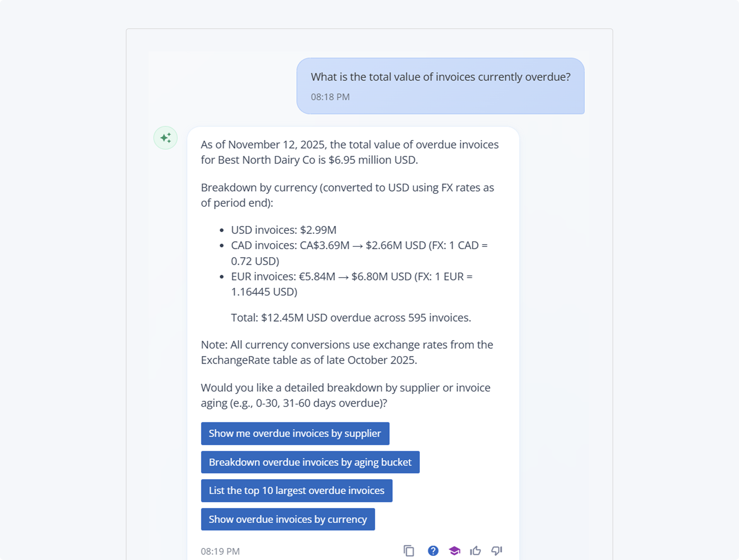 A prompt showing that when requested to never mix currencies in calculations, NDI gives precise, cautious and audit-ready responses, acting like a finance controller.