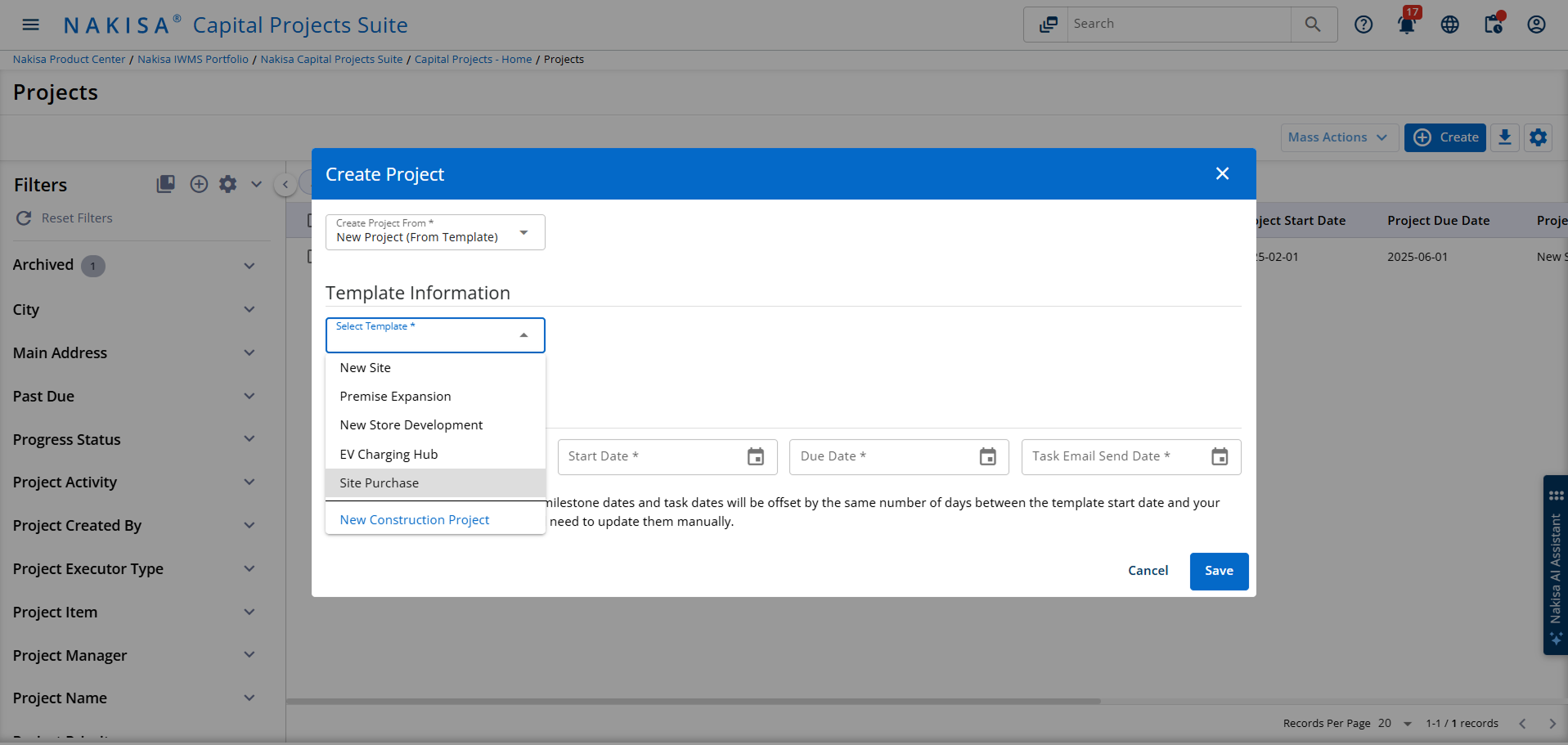 Out-of-the-box capital project templates in Nakisa IWMS for construction, renovation, and sustainability projects.