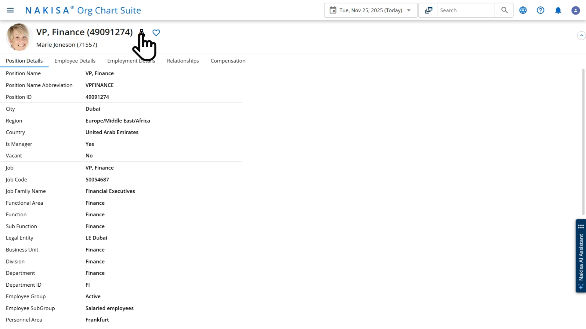 A screenshot of Nakisa Org Chart showcasing the profile of a manager that was directly accessed through Nakisa Decision Intelligence