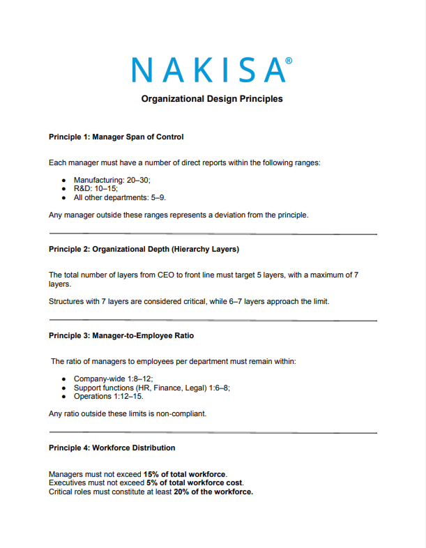 A screenshot of a folder uploaded to Nakisa Decision Intelligence with a company's internal org design principles